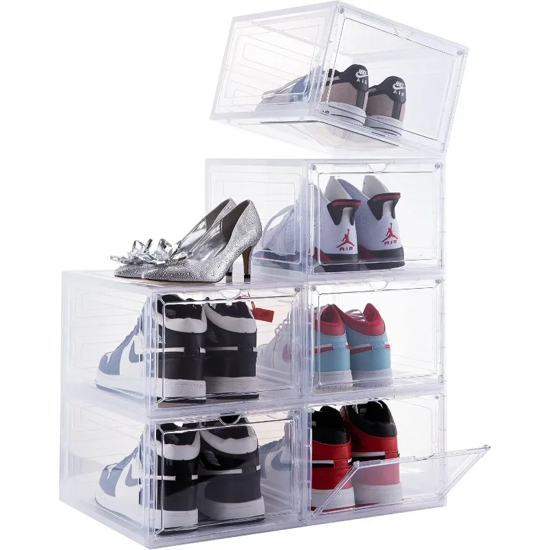 Drop Front Plastic Shoe Box with Clear Door,Set of 6,Stackable,For Display Sneakers,Easy Assembly,Fit up to US