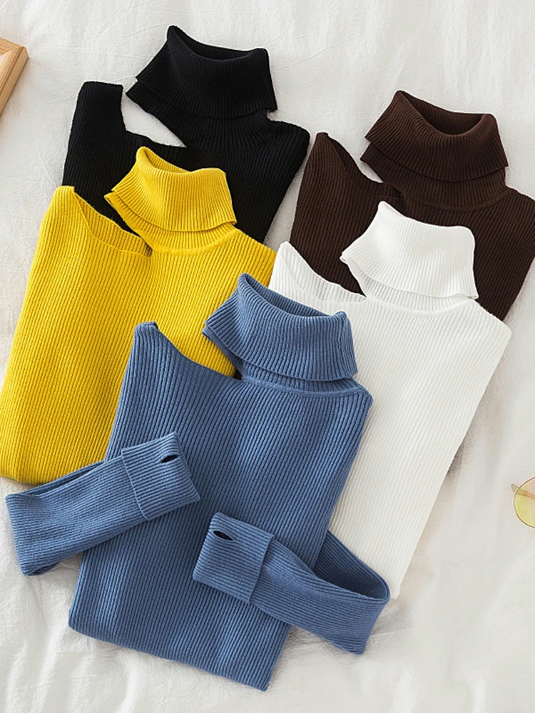 

Off Shoulder Pullovers for Women Long Sleeve Turtleneck Knitted Sweater Female Jumper Clothing Korean Jumper Pull Femme