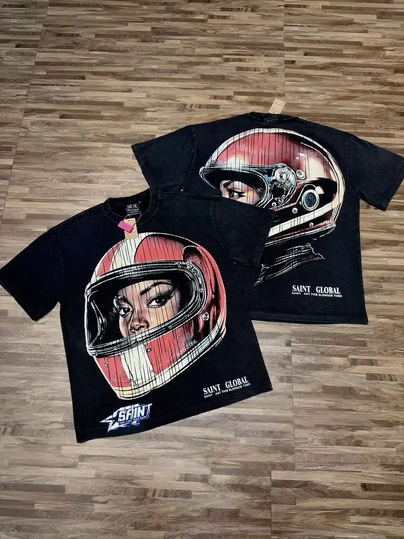 Saint Vintage Washed T-shirt Racing Helmet Woman Portrait Graphic Print Oversized Heavyweight Short Sleeve Tee Streetwear Tops
