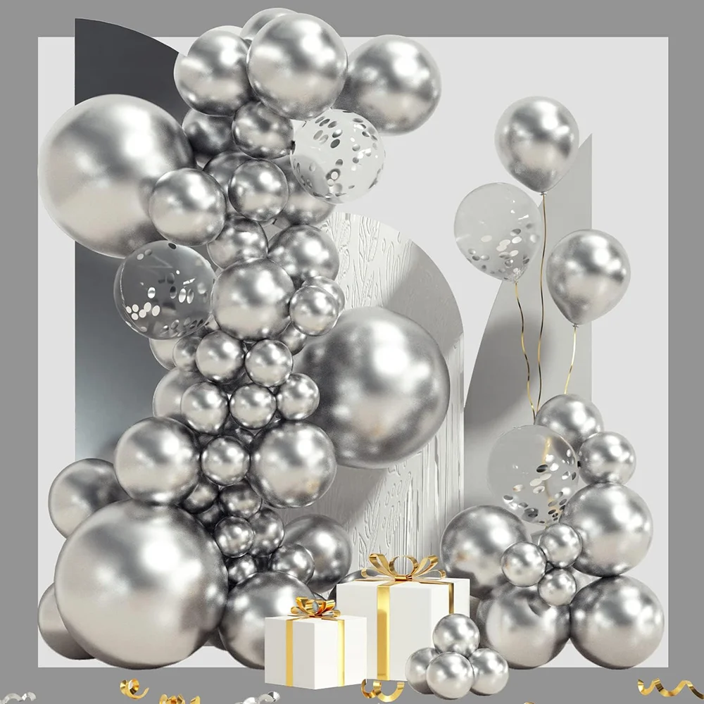 Metallic Silver Balloon Garland Arch Kit Chrome Silver Confetti Balloons Wedding Engagement Birthday Party Decorations Ballons