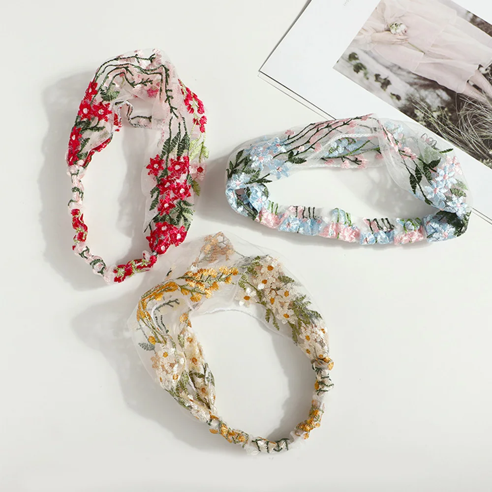 Women Retro Floral Korean Embroidery Face Wash Headdress Hair Accessories Turban Headband Hair Band