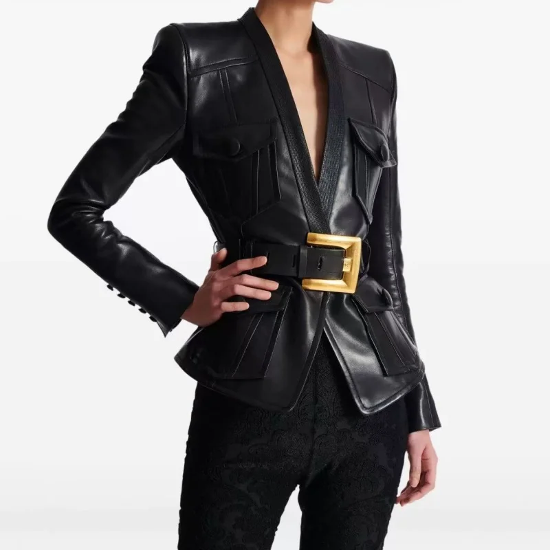 

Fall 2025 Women's V-Neck PU Leather High Waist Belted Jacket Y2K High Street Retro Biker Coat Fashionable Quality Streetwear