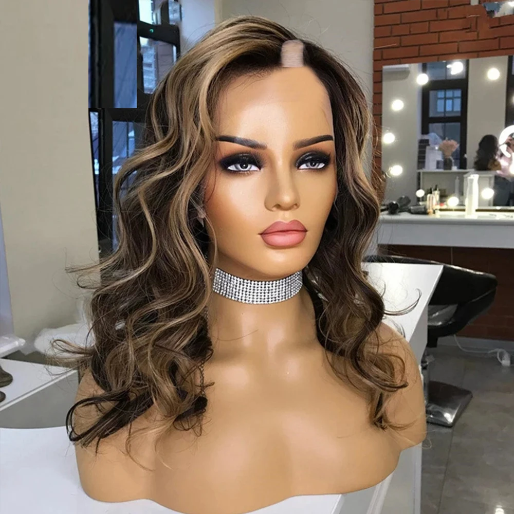 Highlight Brown Blonde 1x4 V Part Wig With Clips 100% Human Hair for Women Middle Opening U Shaped Body Wave Short Bob Hair