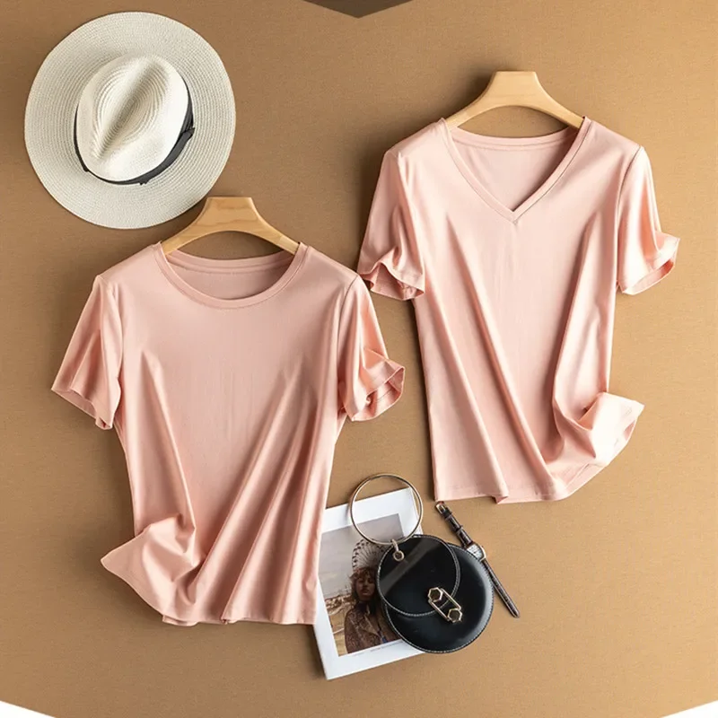 MRMT 2024 Brand New Women's Short Sleeved V Neck T Shirt Solid Color Simple Female Round Neck 70 Mercerized Cotton