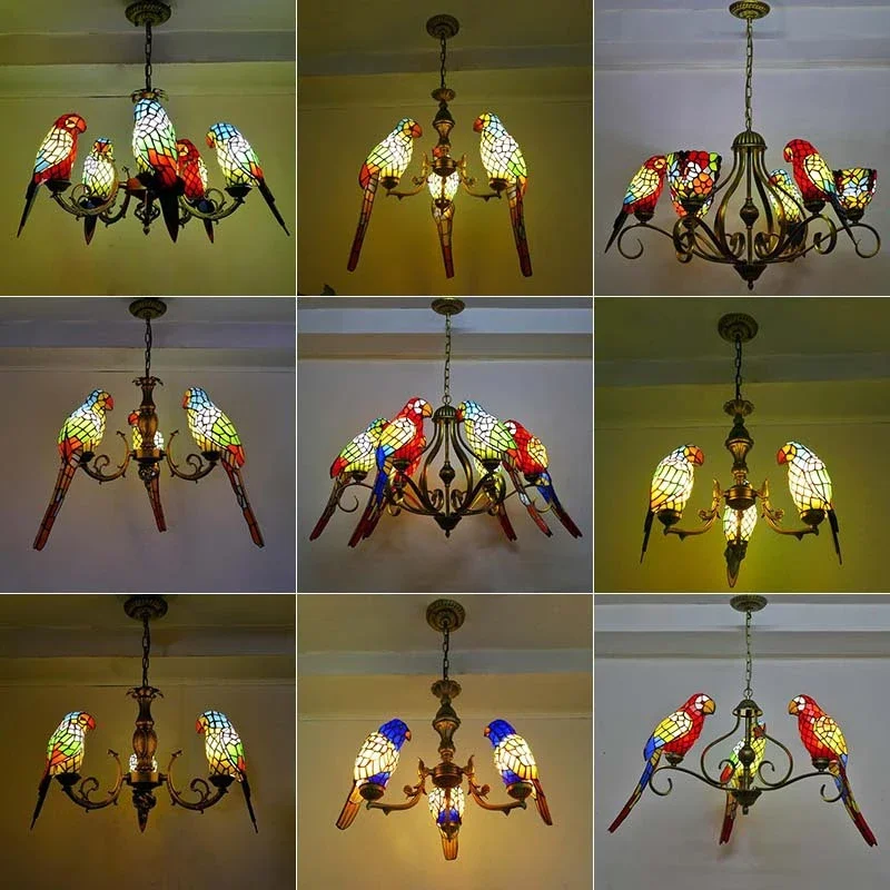 SOFEINA Tiffany parrot Chandelier LED Vintage Creative Color Glass Pendant Lamp Decor for Home Living Room Bedroom Hotel