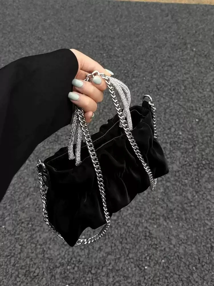 

2026 New Women Ruched Cloud Crossbody Bag With Rhinestone Handle Chain Elegant Mini Shoulder Handbag For Party