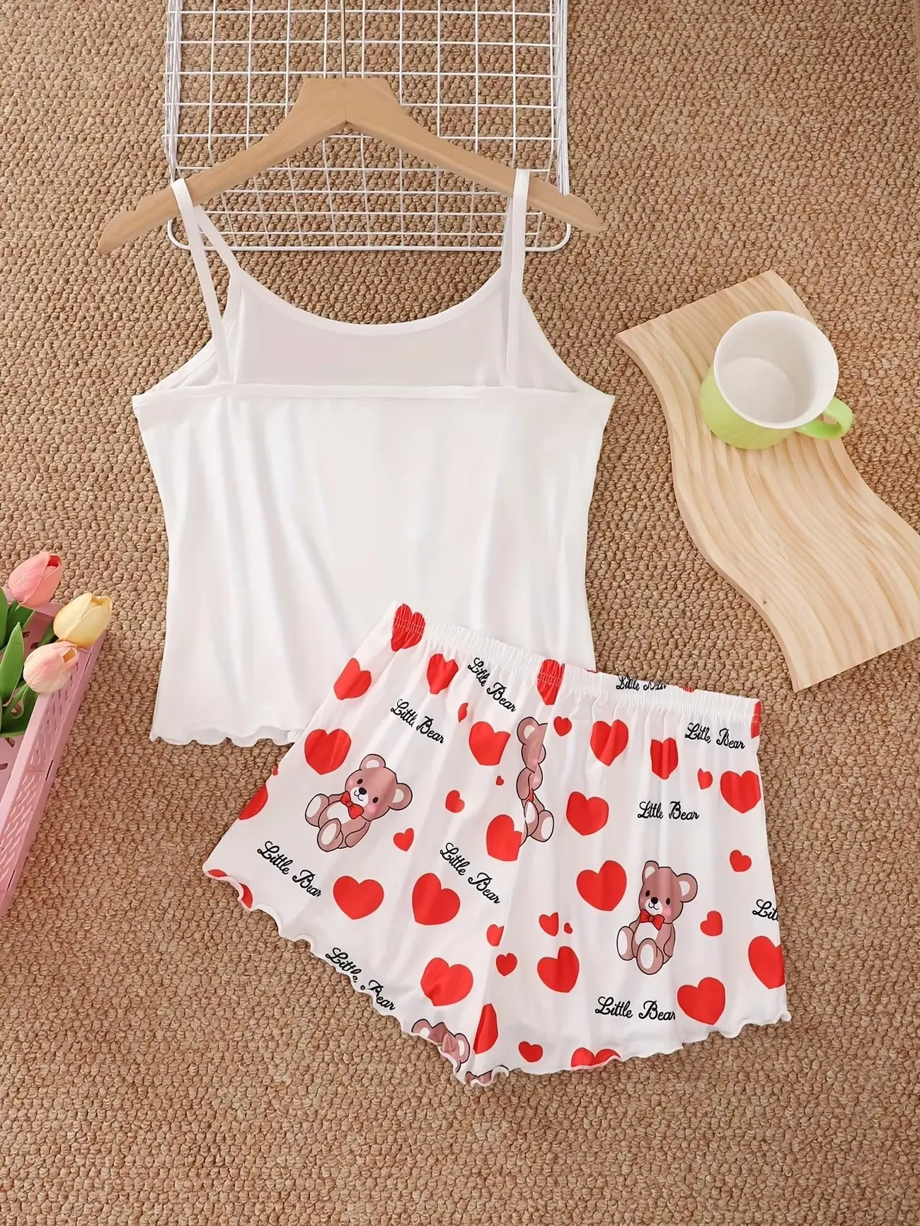  Women's 2pcs Cute Bear Love Peach Heart Printed Pajamas Set Women's Loungewear Tops With Shorts Sleepwear Home Wear Clothes