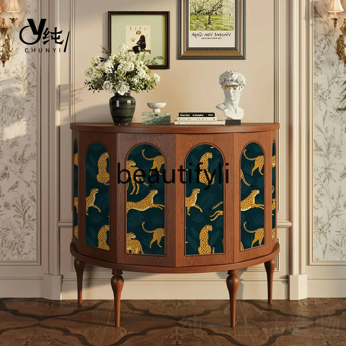 A32 Vintage Style Solid Wood Entryway Cabinet French Half-Round Side Cabinet Living Room Wall-Mounted Storage Decorative Cabinet
