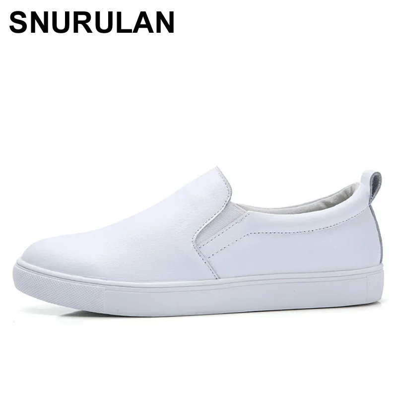 SNURULANwomen slip on shoes split cow leather platform loafers comfortable breathable womens flats walking shoes white black