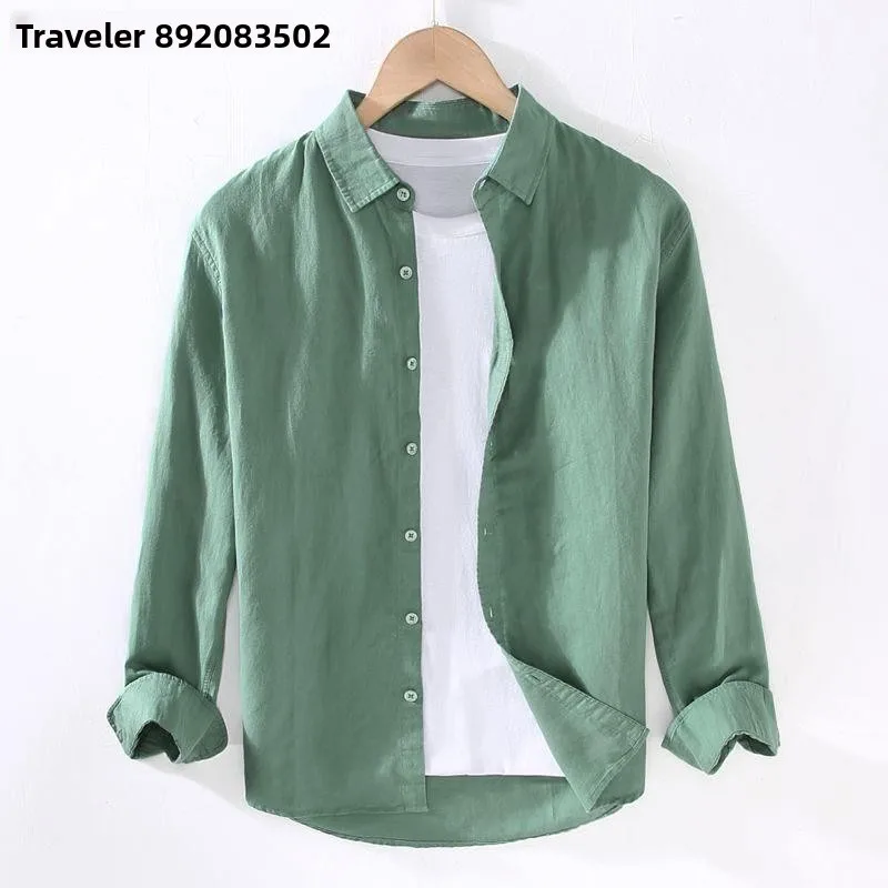 

Men's Linen Long Sleeve Shirt Casual Loose Cotton Linen Material Summer Outfit Citywalk PU Leather Trimmed Cleanfit Style