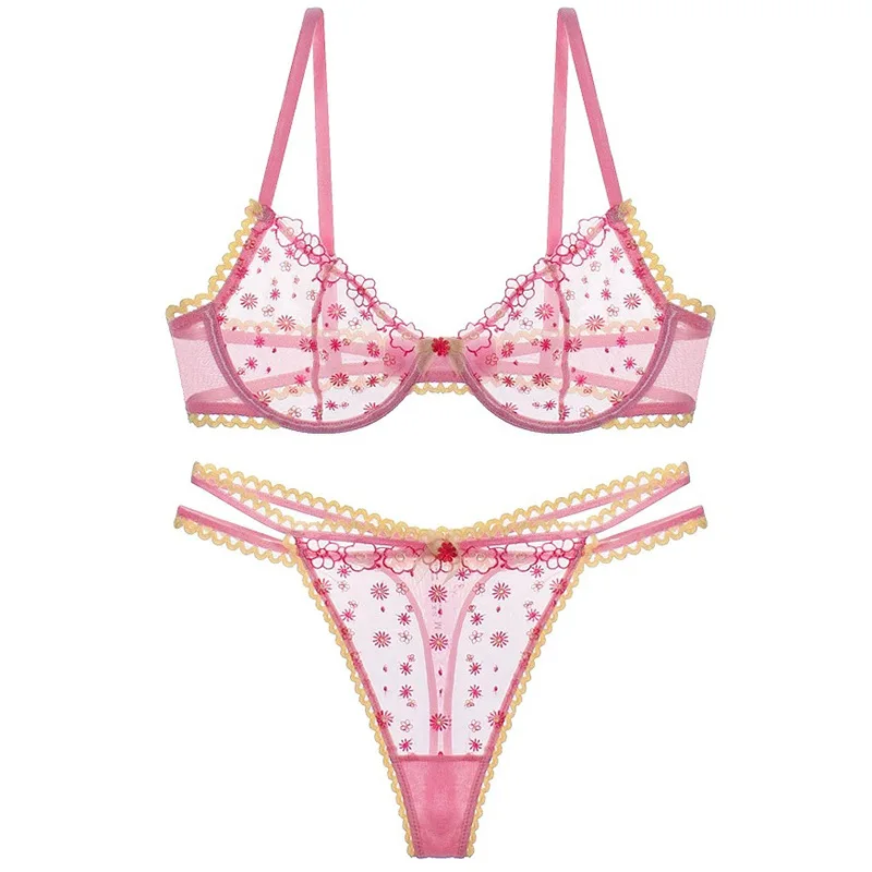 

Комплект женского кружевного белья с цветочным узором: тонкий вышитый прозрачный комплект из сетчатого белья, бюстгальтер и трусики на каждый день
