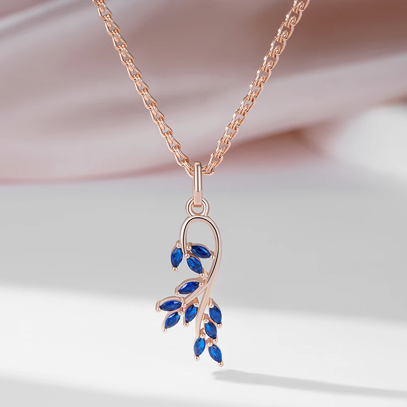 SYOUJYO Blue Natural Zircon Leaf Shape Dangle Necklace For Women 585 Rose Gold Color Long Earrings Party Gift