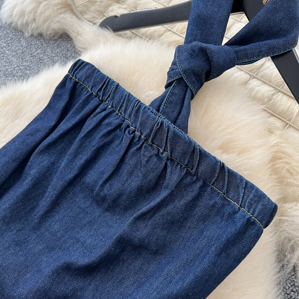Woman Casual Youthful Commuter Denim Two Piece Set Waist Tie Cami Top High Waist Wide Leg Pants Slim Summer Women Outfit