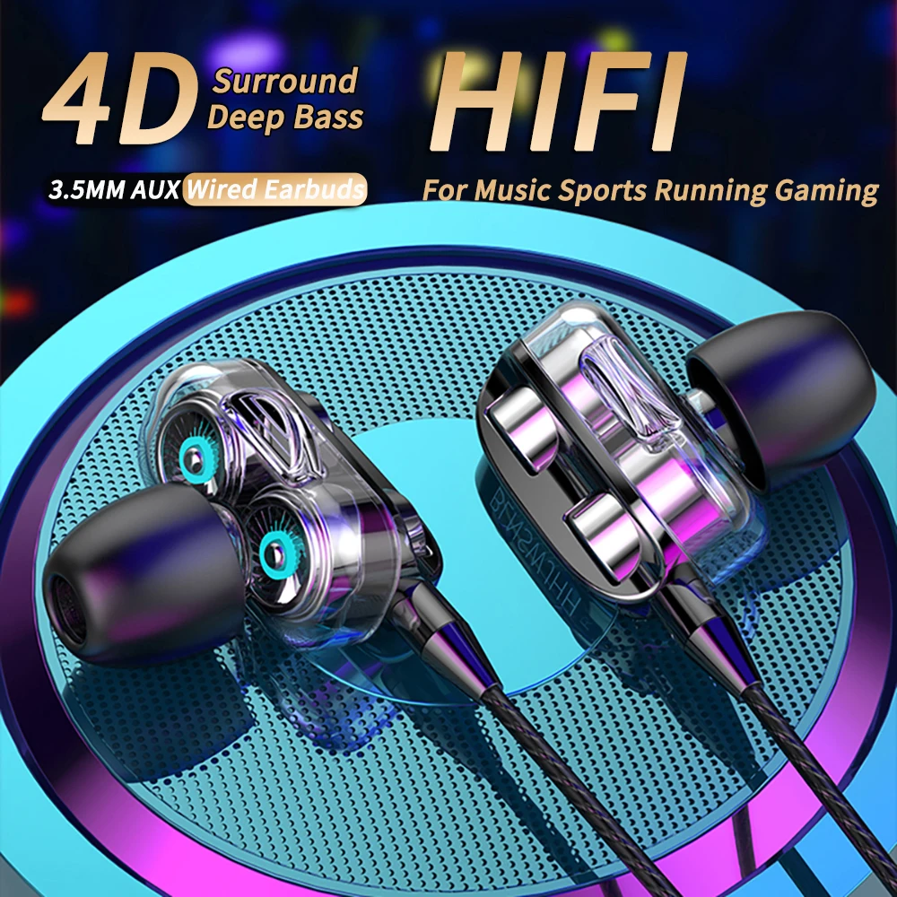 3.5mm Wired Headphones Noise Canceling In-Ear Sports Earphone Dual Driver Bass Stereo Gaming Headset HiFi Music Earbuds With Mic