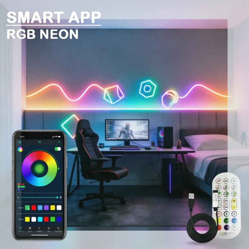 Smart RGB Neon LED Strip Lights with Remote & APP Control, USB 5V Flexible Color Changing Rope Light, Self-Adhesive for Gaming