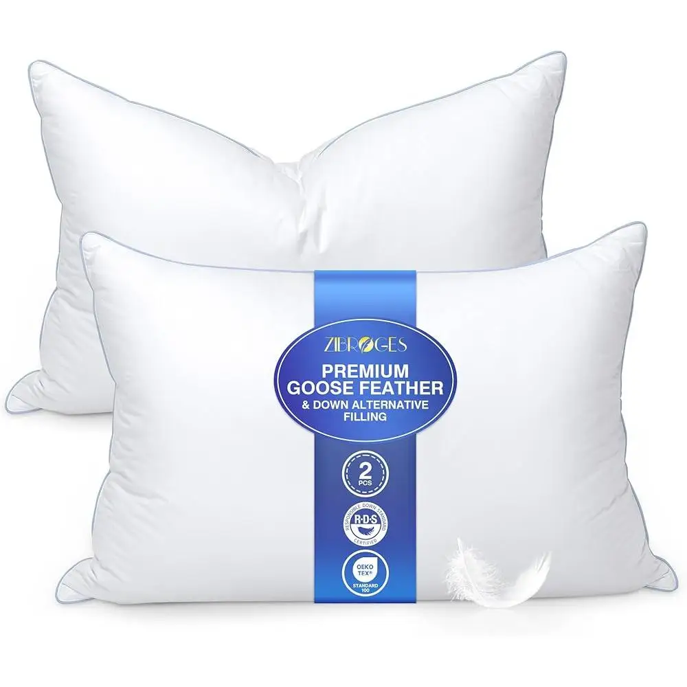 Goose Feather Pillows Set of 2 Soft Plush Hotel Quality Down Alternative Bedding Cushions Supportive Sleeping Comfort