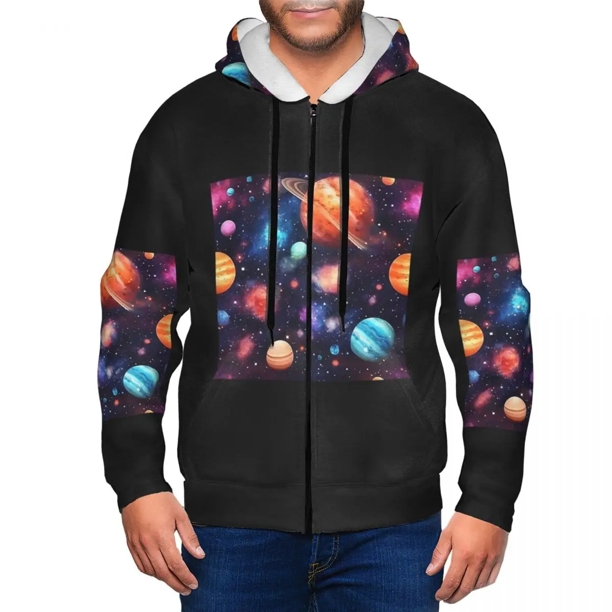 Solar System Space Planets Universe Zipper Hoodies Hip Hop Pullover Autumn Winter Men's Women's Sweatshirt Long Sleeve Tops