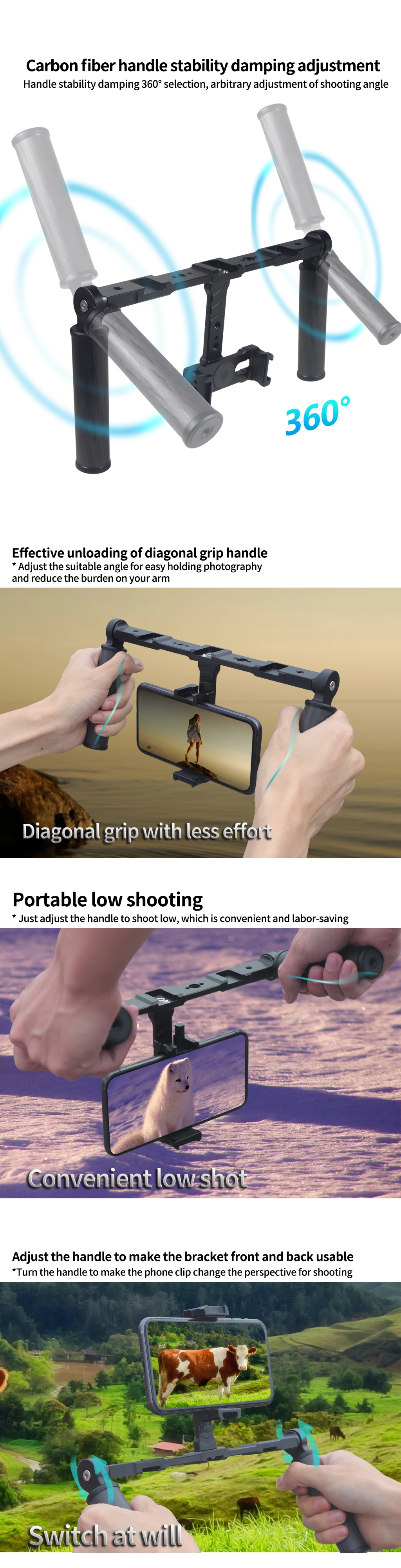 Dualer Handgriff-Halter Gimbal-Griff Stabilisator Video-Rig 1/4 3/8 Zoll Halterung Lichthalterung für GoPro11 für Insta360 X3 Smartphone Vlog – Detail 3