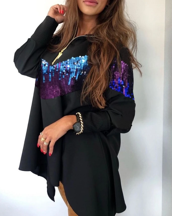 Women's fashion new long sleeved top with contrasting sequins stand up collar zipper design, retro minimalist long sleeved top