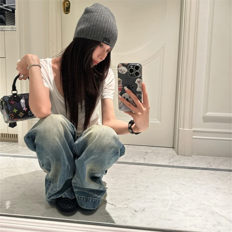 Moagem feminina branco retro azul calças de brim retas roupa diária calças vintage legal menina bottoms feminino cintura alta perna larga calça