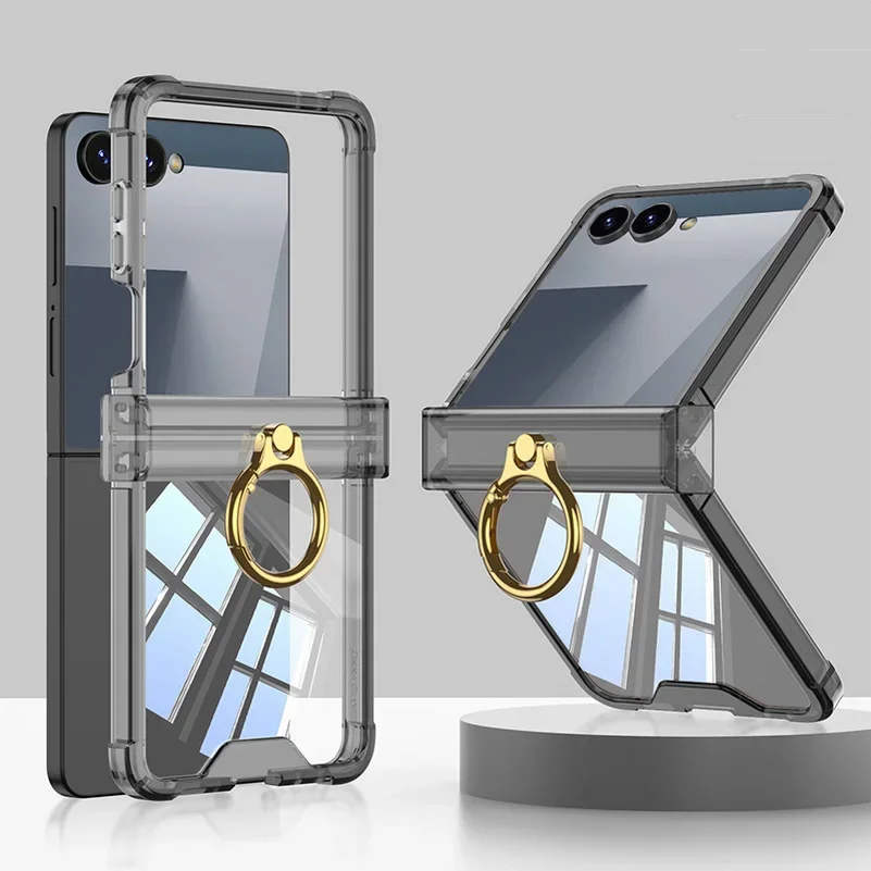 Luxe Ring Houder Scharnier Transparante Bescherming Telefoon Case voor Samsung Z Flip 7 6 5 Z Flip 7FE Clear Armpr Schokbestendige Achterkant
