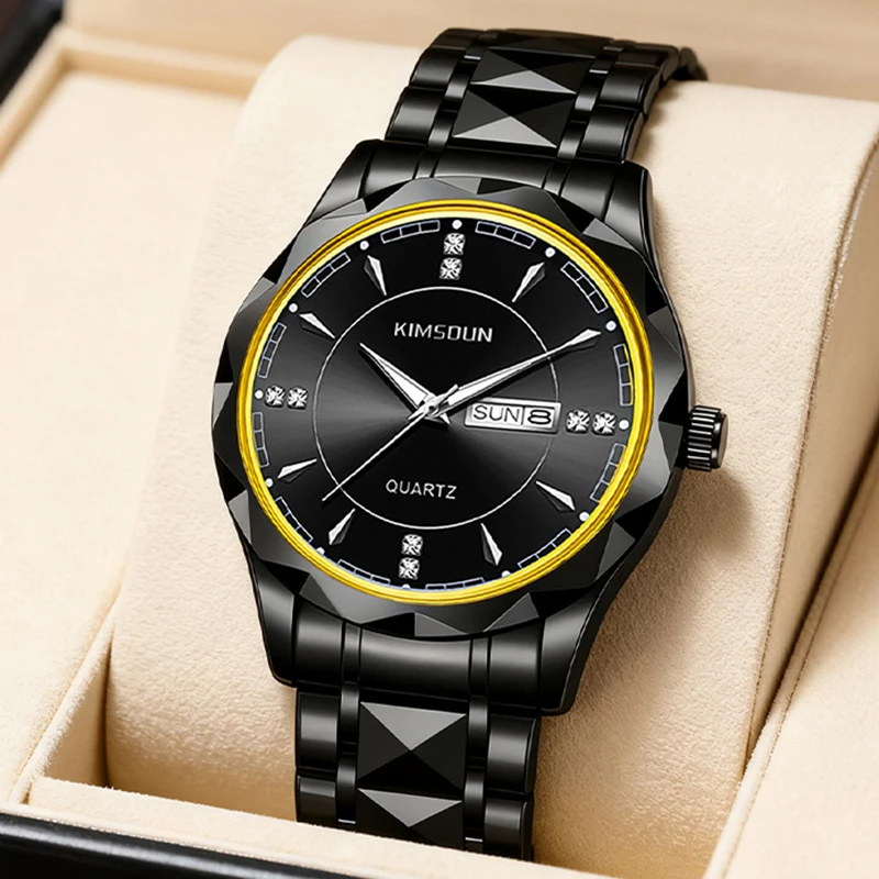 

Мужские черно-золотые повседневные универсальные кварцевые часы с ремешком из нержавеющей стали и дневным дисплеем.