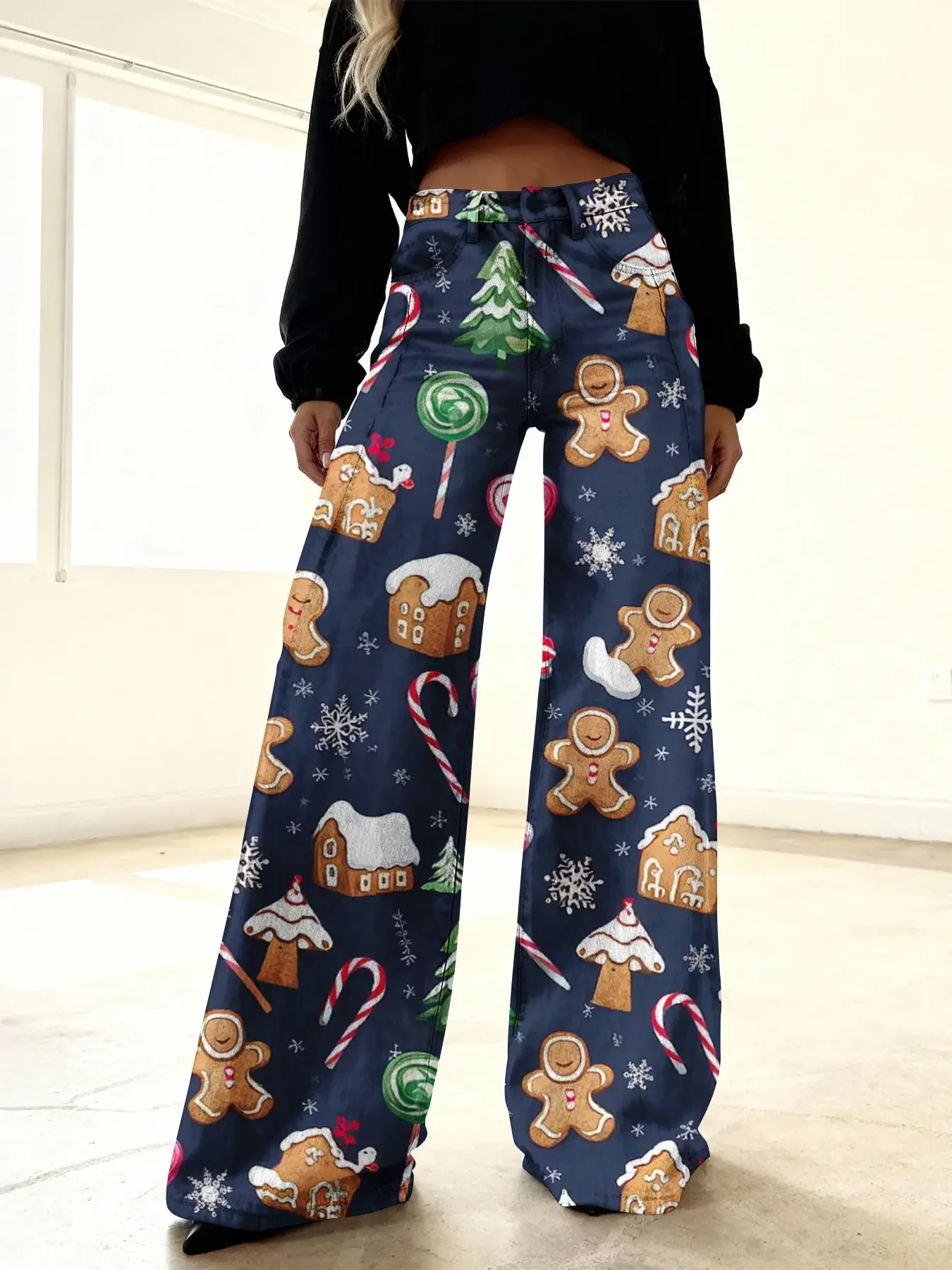 

2026 Christmas women's imitation denim printed high waisted flared pants, sweet and cute, Women's Wash Set