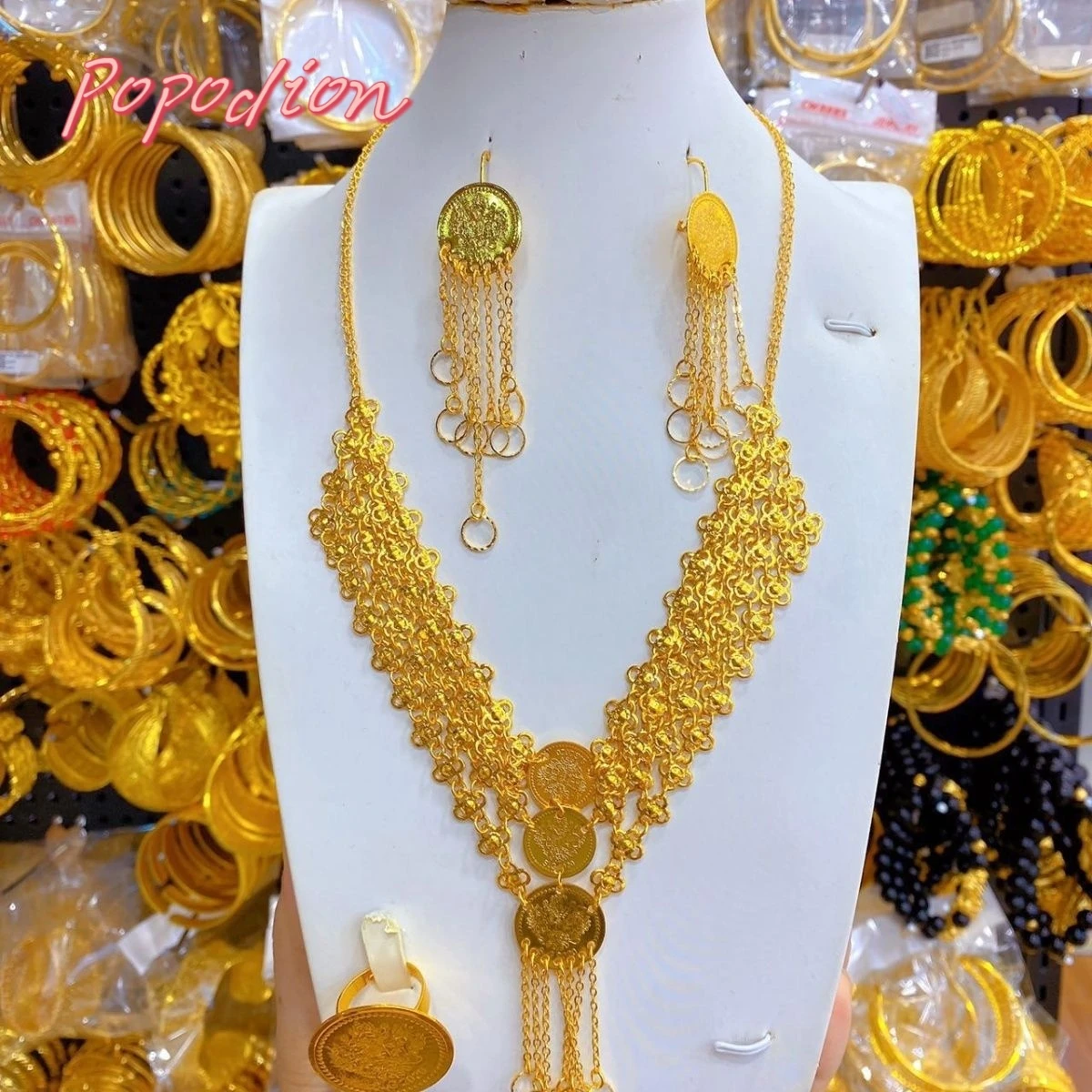 Imagem -02 - Conjunto de Anéis e Colares Popodion Banhado a Ouro Dubai 24k Brincos Femininos Acessórios de Festa Moda Jóias Yy10386 Conjunto Peças