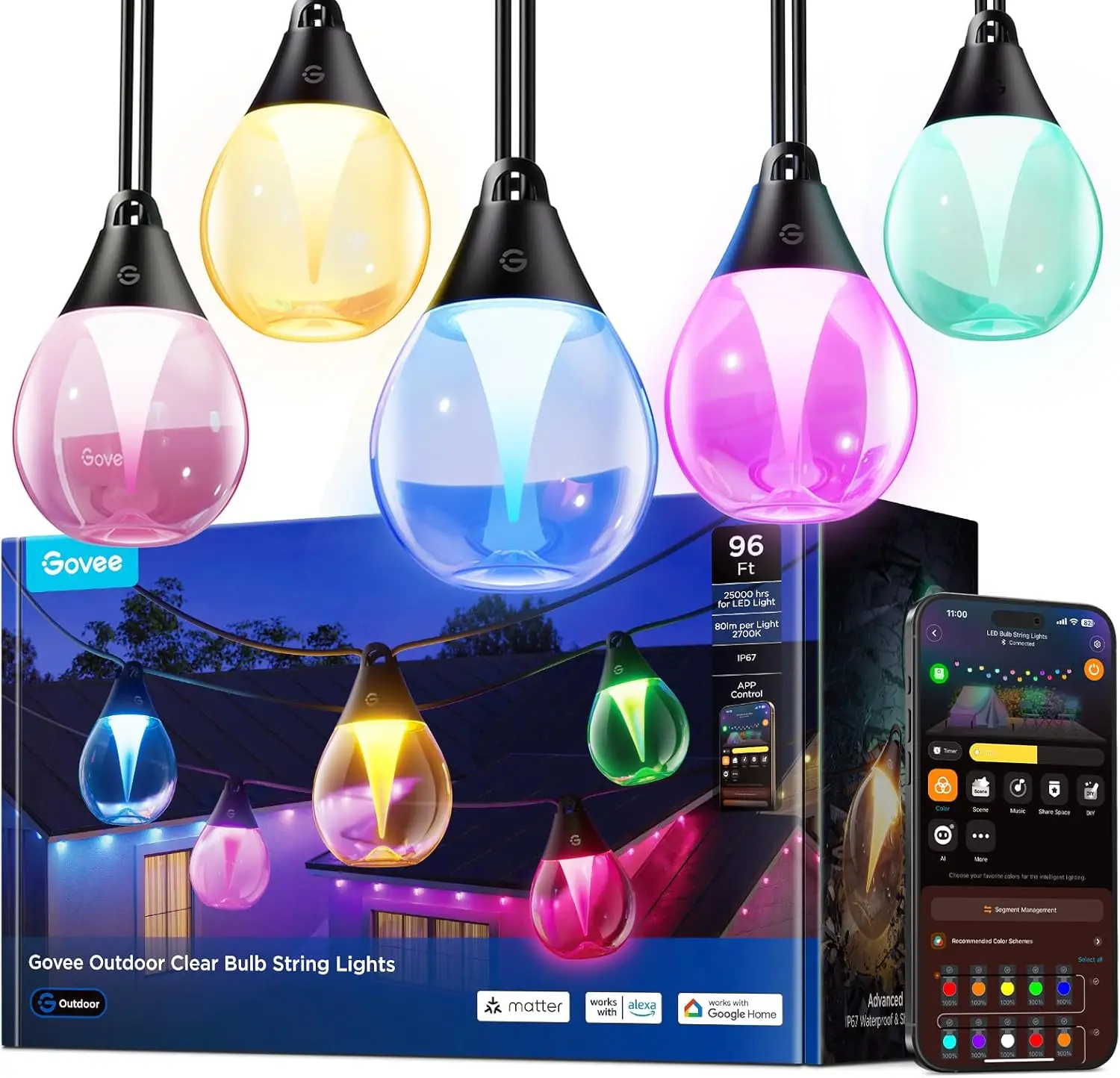 

96ft Outdoor String Lights with 30 Shatterproof LED Bulbs, Dimmable Patio Lighting, IP67 Waterproof, Works with Alexa & Google