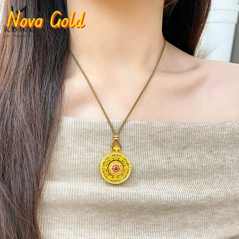 

NovaGlod Luxury fashion 9999 24K real gold namel dot diamond silk compass pendant necklace rotatable Ruyi disc pendant