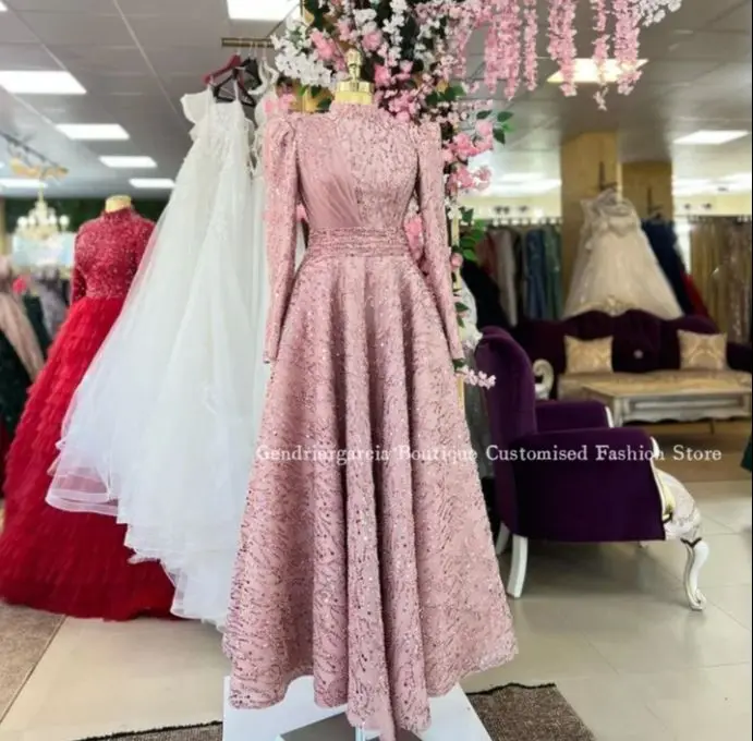 Pink High Neck Evening Beaded Muslim Long Sleeve Moroccan Kaftan Diamonds A-Line Long Formal Prom Dresses فستان الزفاف