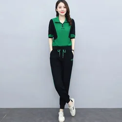 Women's Leisure Sweat Suit 2022 Summer New Clothes Fashion Korean Ice Silk Loose Half Sleeve T-shirt Top And Pants Two Piece Set