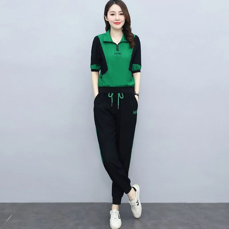 Women's Leisure Sweat Suit 2022 Summer New Clothes Fashion Korean Ice Silk Loose Half Sleeve T-shirt Top And Pants Two Piece Set