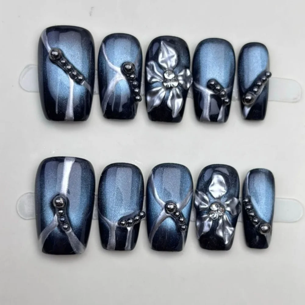 

10pcs Handmade False Nail Blue Mid-length Square Fake Nail Tips with Rhinestone Flower Design Nails Art Wearable Press on Nails