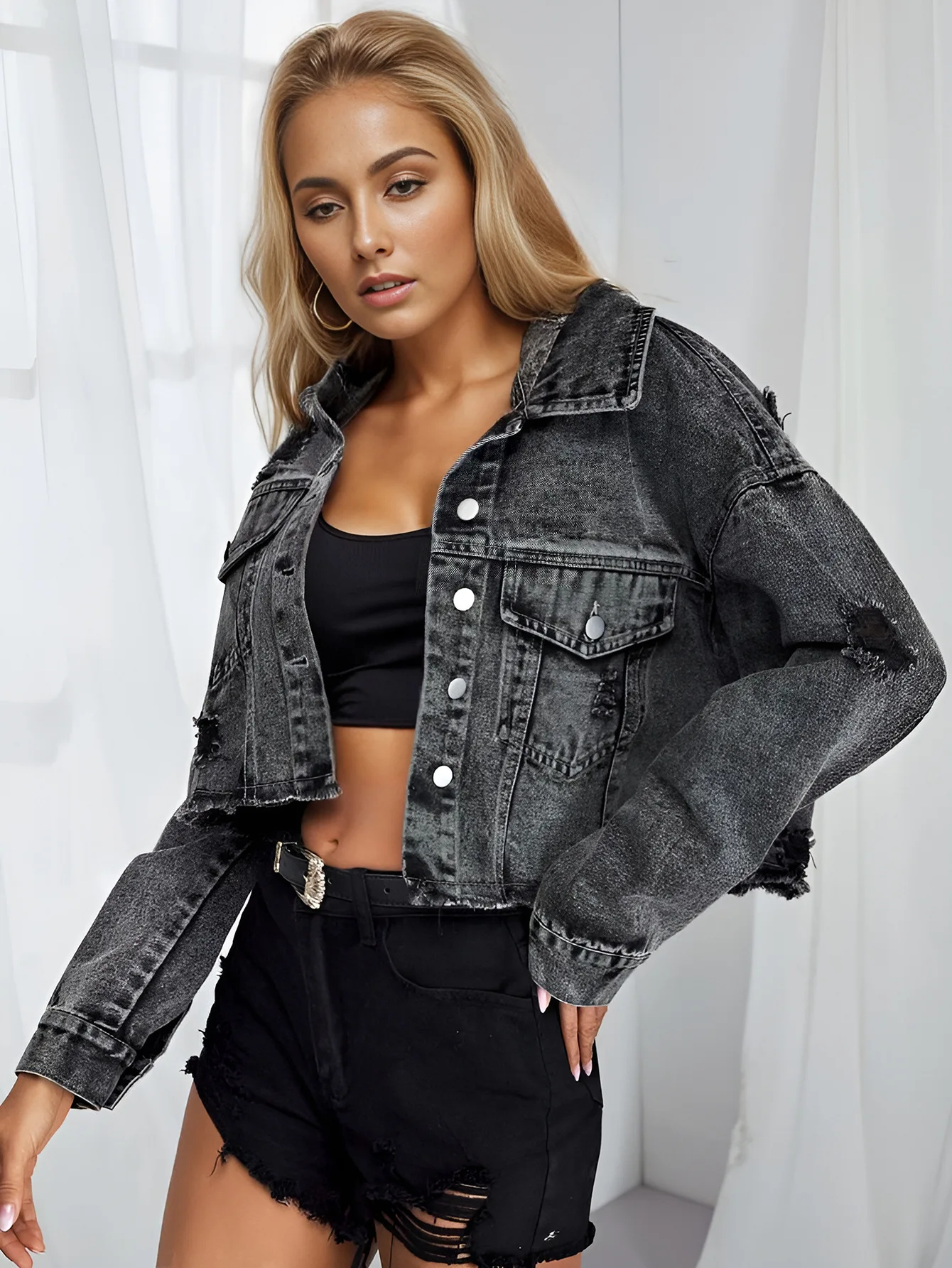 Women Denim Coat Single Breasted Cardigan Jackets Turn Down Collar Holes Solid Slim High Street Distressed Pockets Button