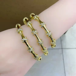 New Design High Quality Bamboo Style Cuff Bangles Copper Zirconia Rhinestone Trendy Jewelry Gift for Women Girls