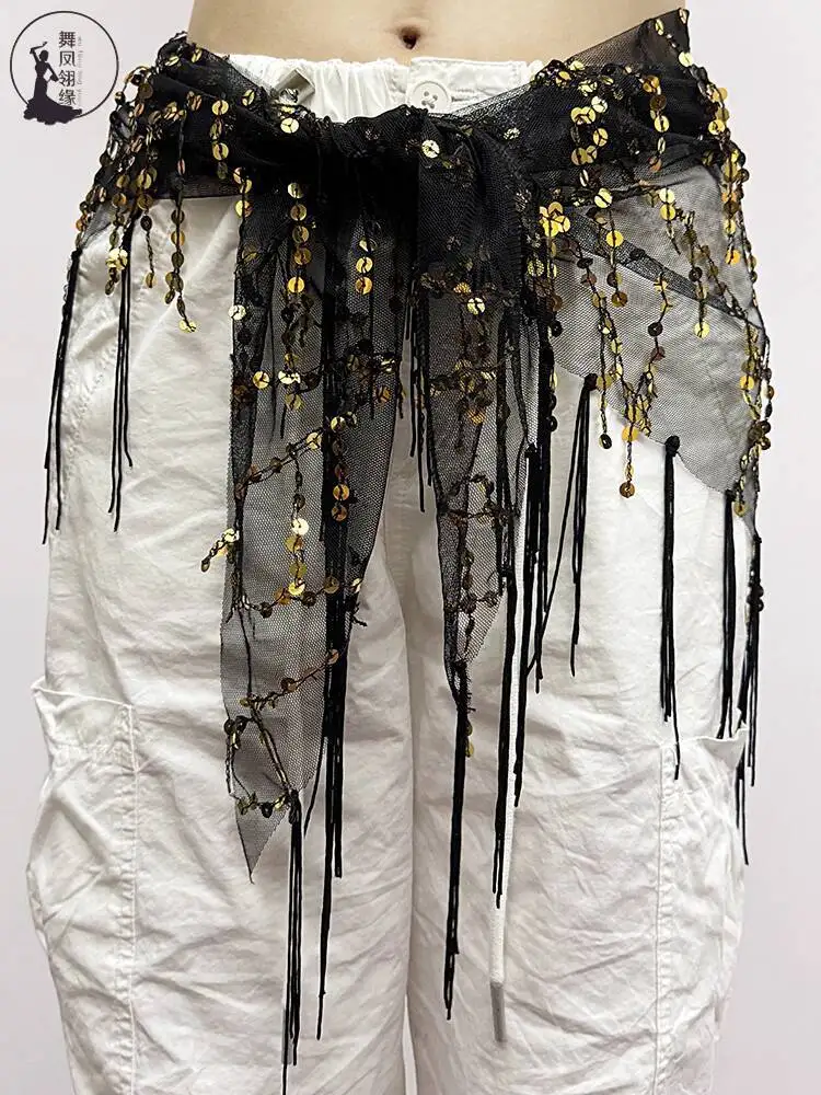 새로운 벨리댄스 허리 체인 벨트 태슬 글리터 삼각 붕대 숄 스카프 허리 장식 연습용 힙 타월