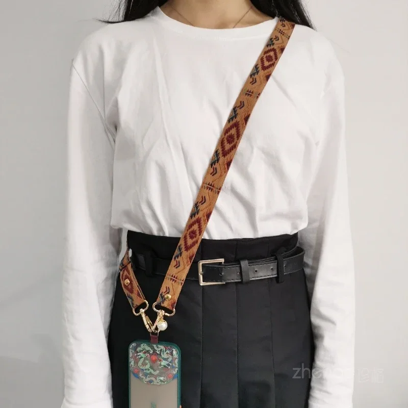 Long Crossbody Can Shoulder Pendant Retro Totem Pattern Pendant Pearl Pendant  Mobile Phone Shell Universal Rope Keychain Strap
