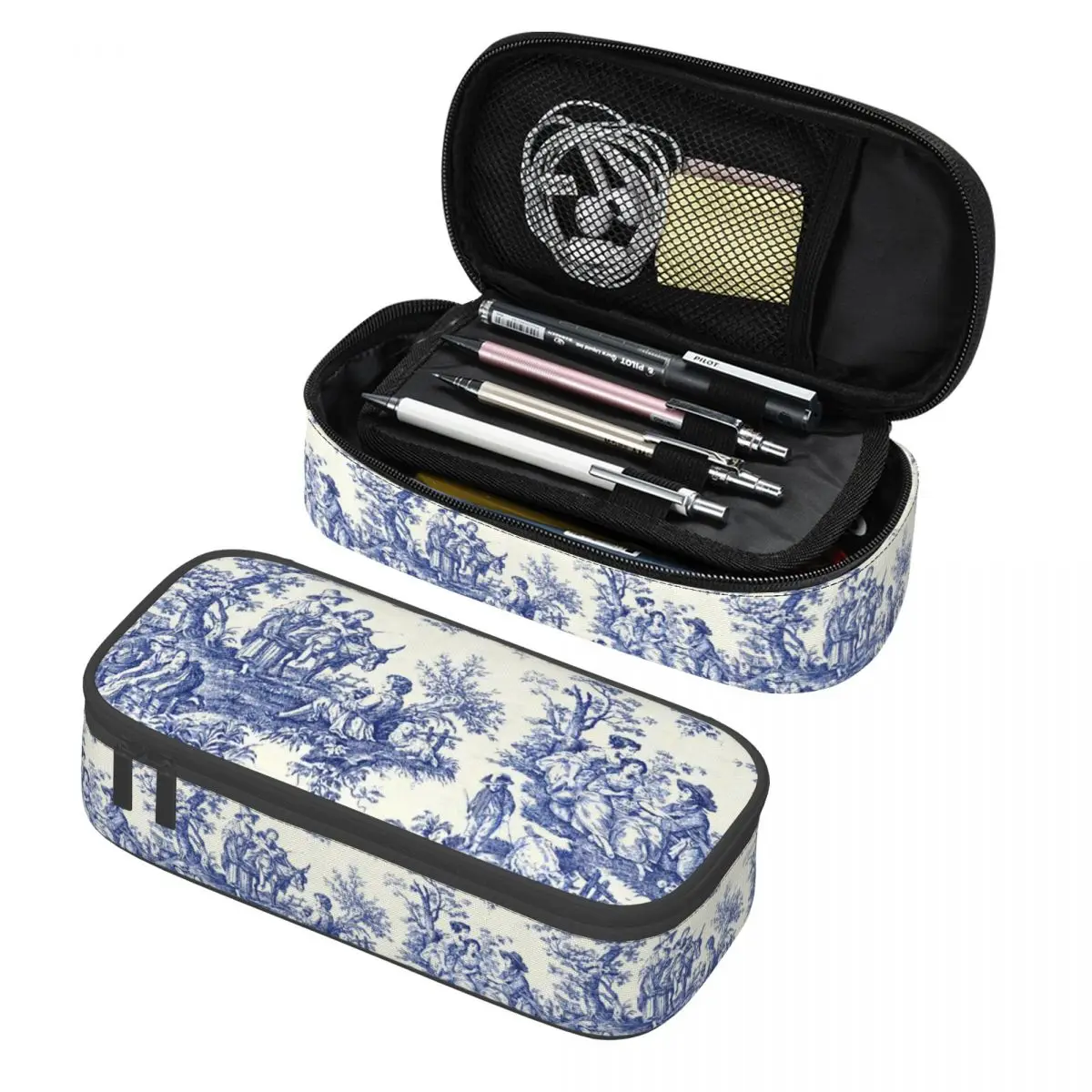 Customized Classic French Navy Blue Toile De Jouy Motif Pattern Kawaii Pencil Cases Traditional France Art Pencil Bag Stationery