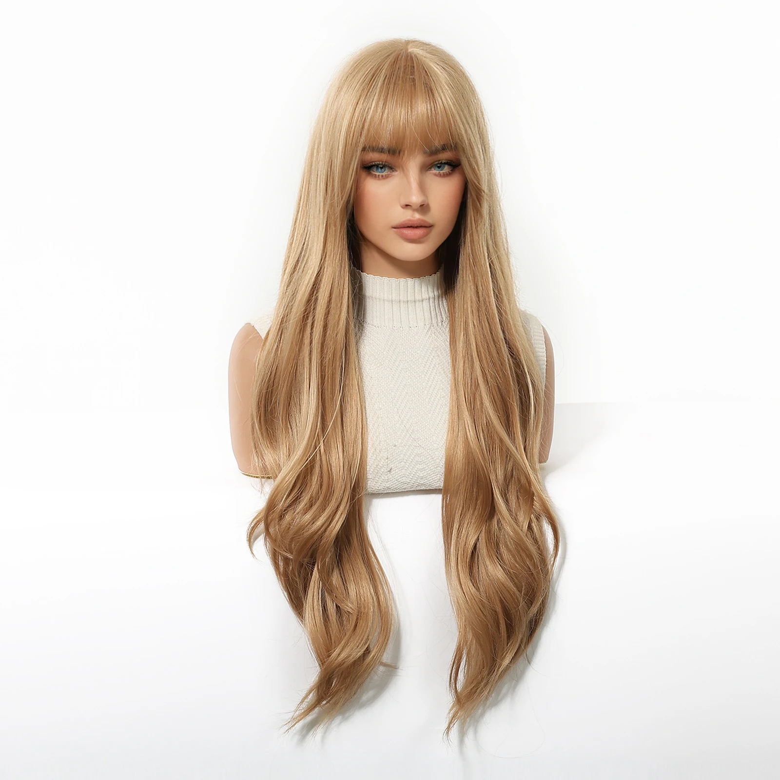 Long Golden Blonde Wave Synthetic Wigs with Bangs for Women Golden Brown Natural Cosplay Costume Daily Hair Wigs Heat Resistant image 3