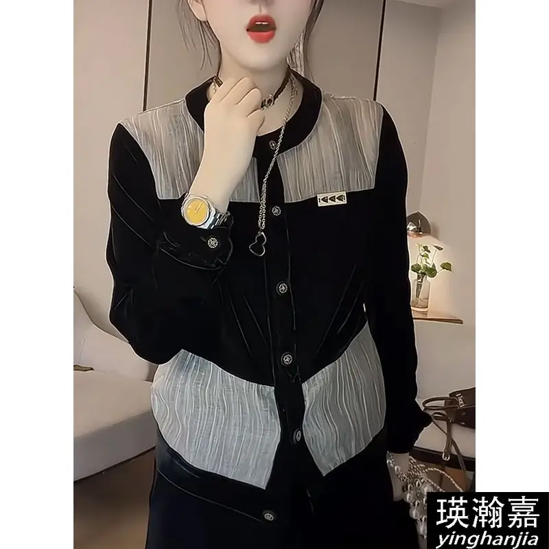 

Модная женская рубашка, осень 2023, новый однобортный кардиган с круглым вырезом, бархатная рубашка с пайетками