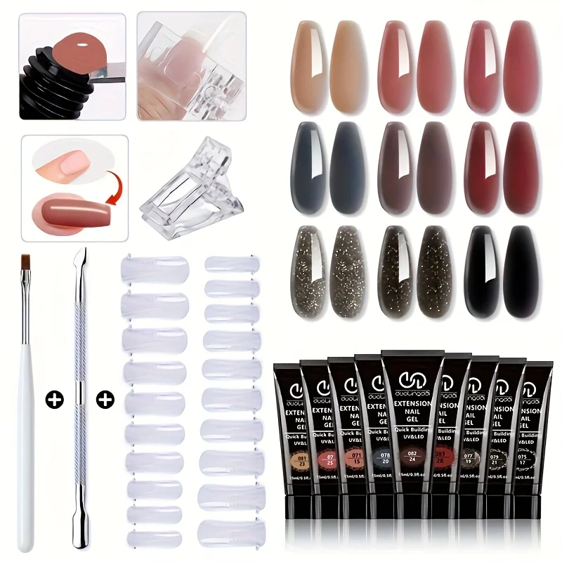 

For Nail Extension Kit: 0.51oz Solid Builder in Nude Shades, Complete Set with Slip Solution, Base And Top Coat, Dual Forms