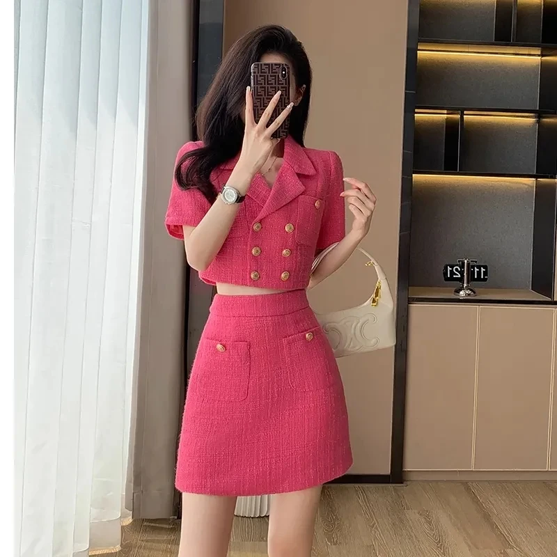 Fragrant Set Skirt for Women's Hot Summer 2024 Temperament Short Top + Hip Wrap Half Skirt Two Piece Suits