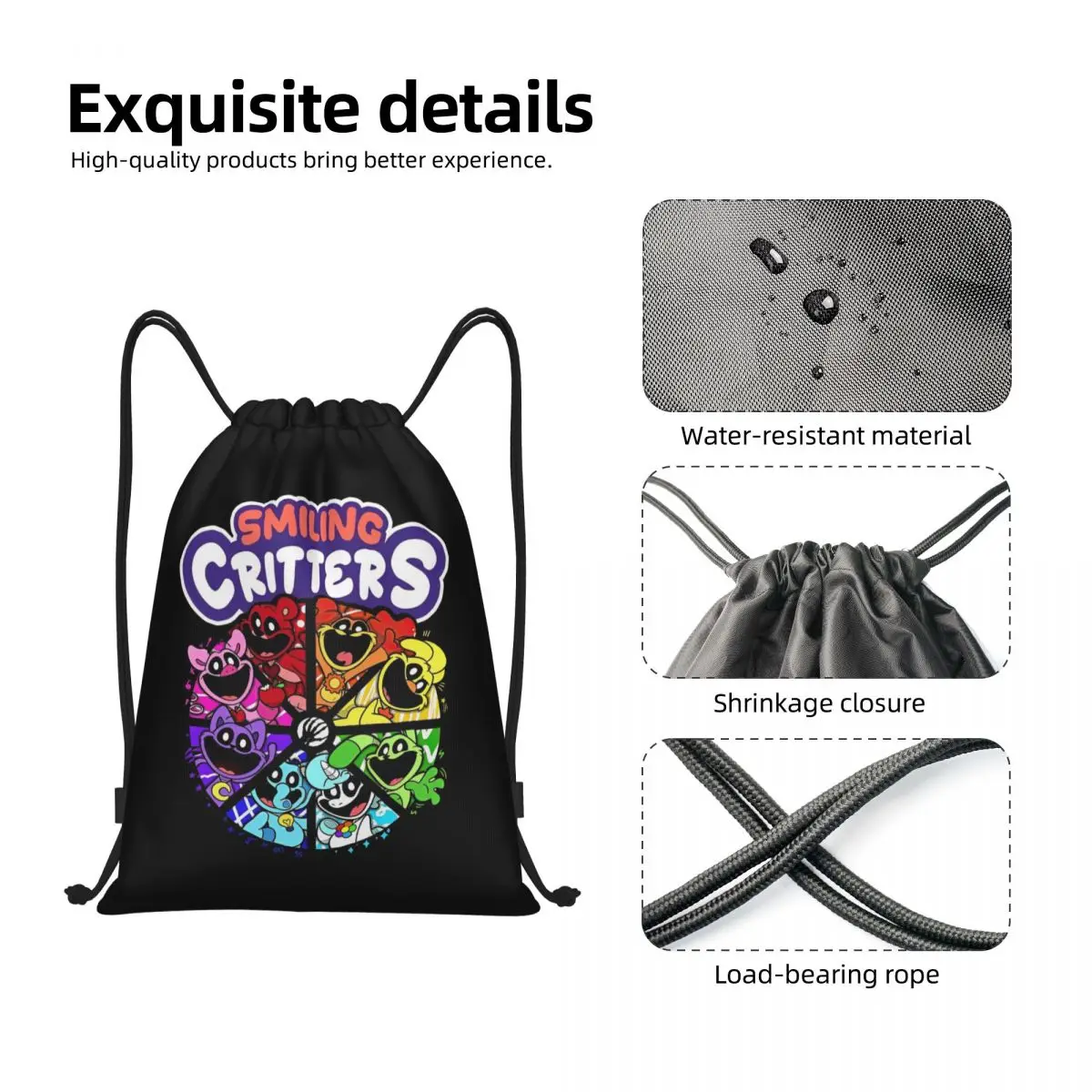 Smiling Critters Cartoon Anime Bag Drawstring Backpack Sports Gym Sackpack String Bags for Yoga