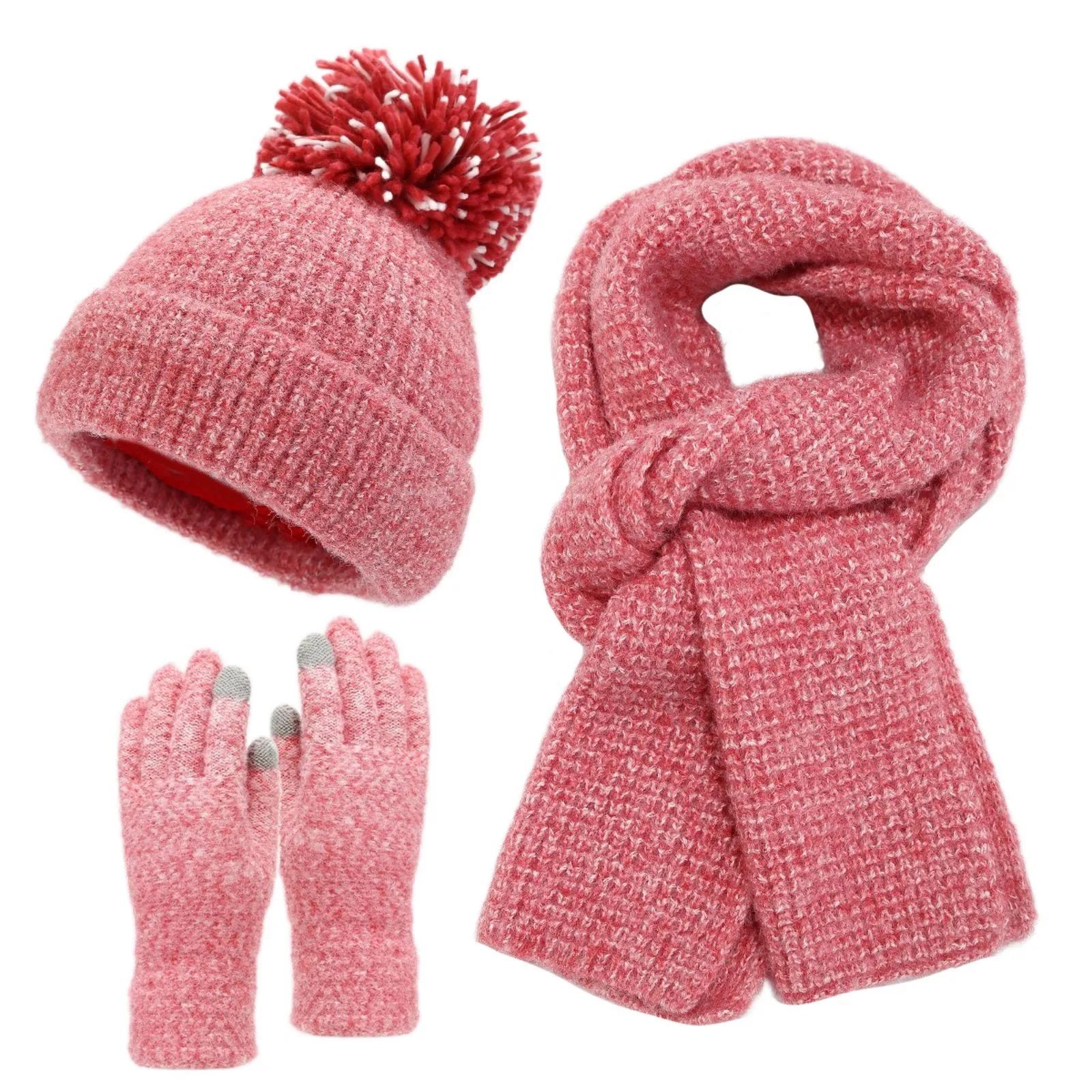 Gorros de punto de tres piezas, conjunto de guantes y bufanda, Otoño Invierno, cálido, grueso, pompón de felpa, protección para los oídos, gorro a prueba de frío, guante para mujer