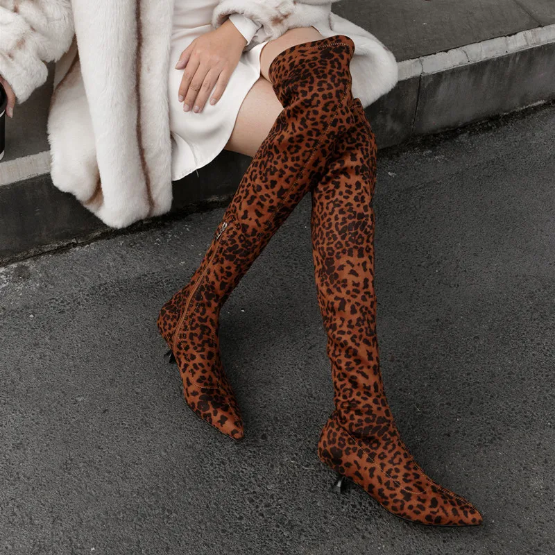 

Arden Furtado 2024 Autumn Winter Leopard suede Kitten heel Over the knee boots Pointed toe Side zipper Middle heel Skinny boots