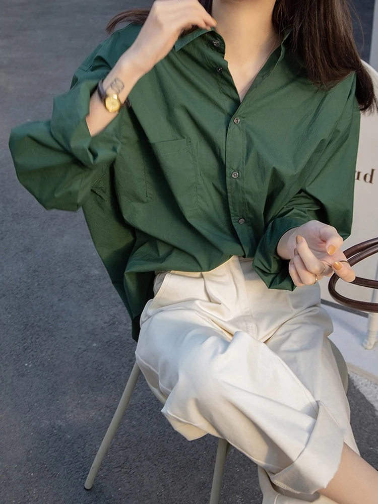 

Retro Loose Long Sleeve Women's Shirt Fashionable Casual Style Spring Autumn New Arrival Stylish Green Color Korean Version