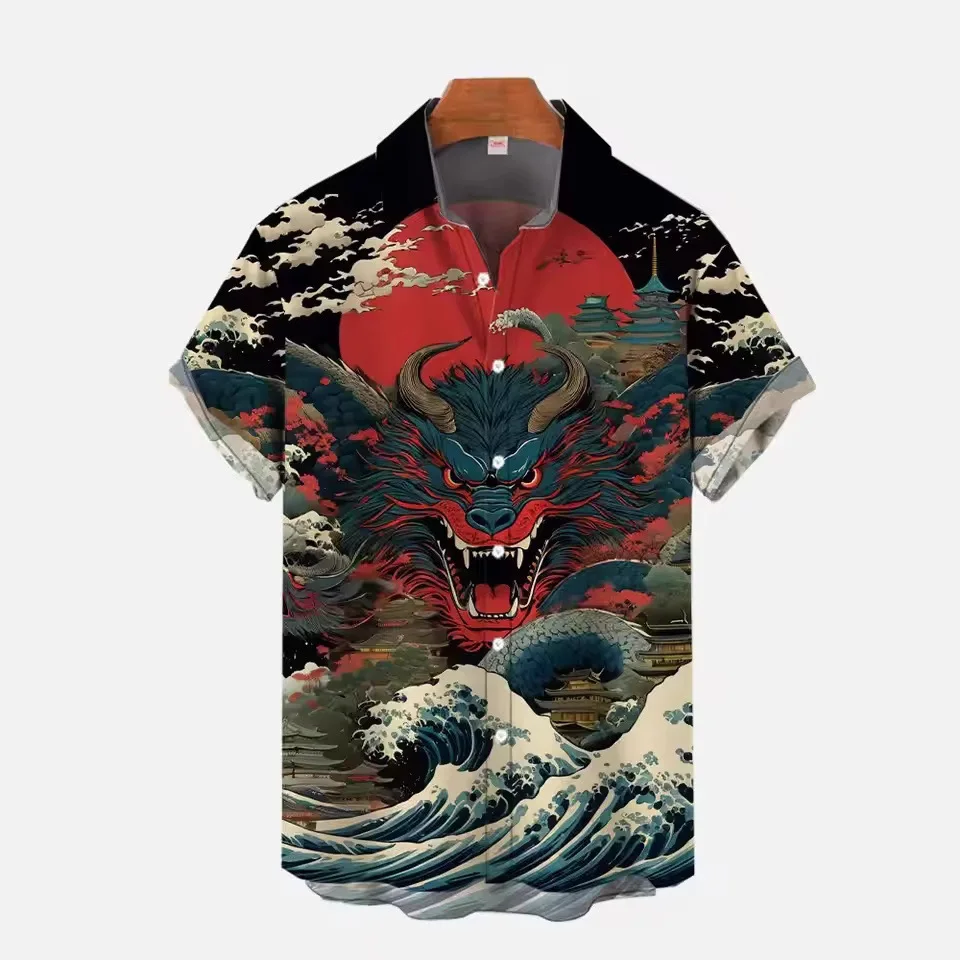 Japanese-style Short-sleeved Shirt with Blue Dragon, Wave, and Red Sun Tricolor 3D Print Men's Summer Loose-fitting Vacation Be