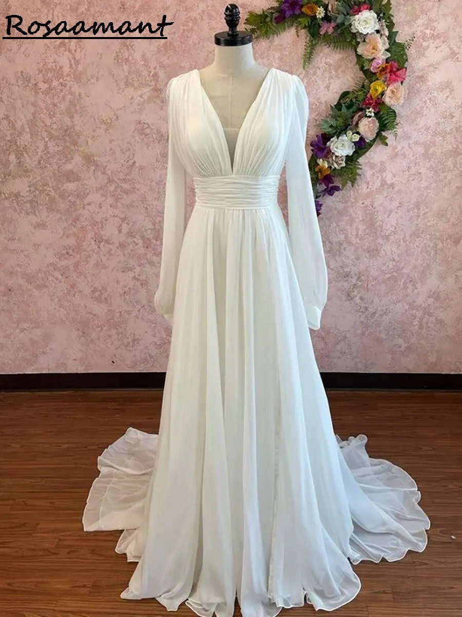 Простые шифоновые плиссированные свадебные платья трапециевидной формы с v-образным вырезом и длинными рукавами, деревенские свадебные платья