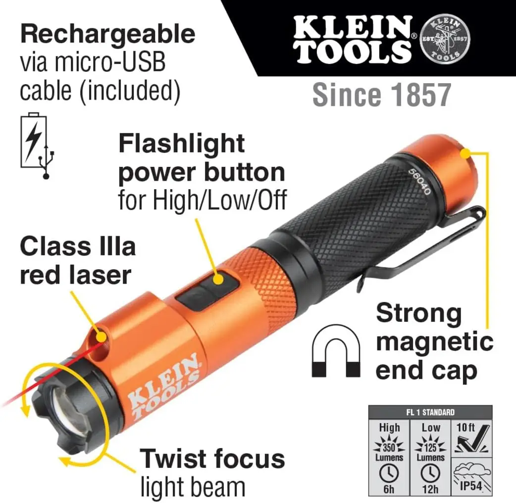 56040 Magnetic LED Flashlight, 350 Lumen Rechargeable, Focus & Laser Pointer, USB Charging, Hands-Free for Work & Outdoor
